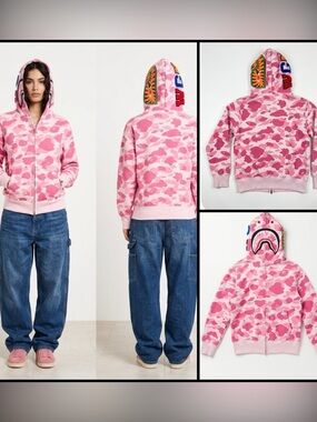A Bathing Ape ABC Camo Shark Pink Graphic Streetwear Felt Patch Hoodie M